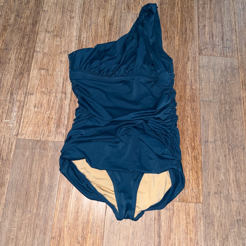 J. Crew Blue One Piece Swimsuit one shoulder Ruched Design
